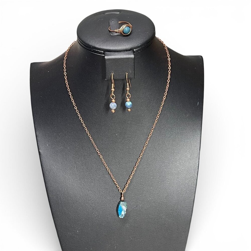 African Turquoise & Copper Jewelry Set - Necklace Earrings & Ring Size 7